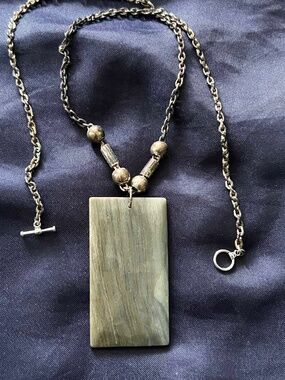 NECKLACE RECTANGLE SLAB JASPER GEMSTONE, BLACK & BROWNS, 22 INCHES, CHAIN WITH
